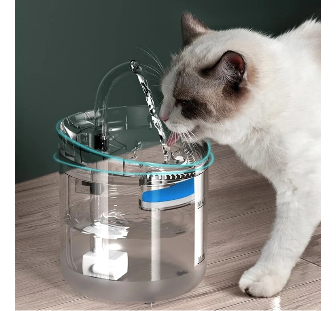 Автоматична поїлка-фонтан USB, pet water fountain, ПРОЗОРИЙ, круглий, 2000мл