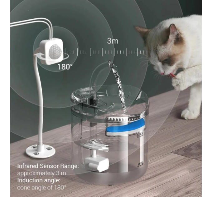 Автоматична поїлка-фонтан USB, pet water fountain, ПРОЗОРИЙ, круглий, 2000мл