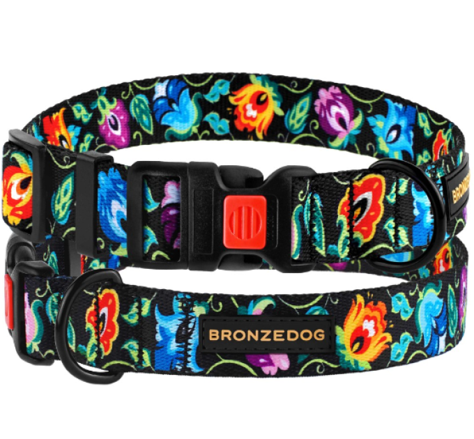Нашийник для собак BronzeDog Urban Folk квіти, обх. шиї35-53см, шир-25м. чорний 52/1418Б/Т