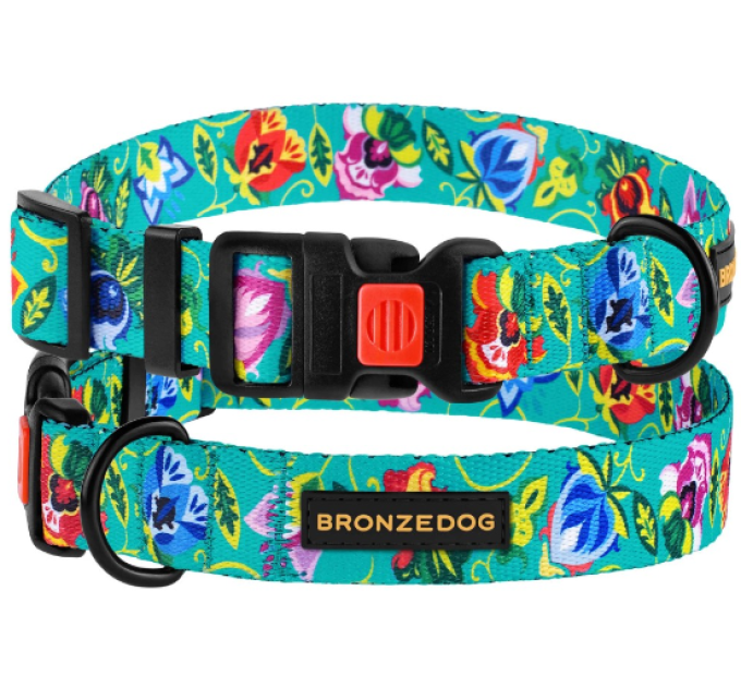 Нашийник для собак з нашивкою BronzeDog Folk квіти, обх. шиї-25-33см, шир-16 мм, ментоловий 50/1417Б/Т