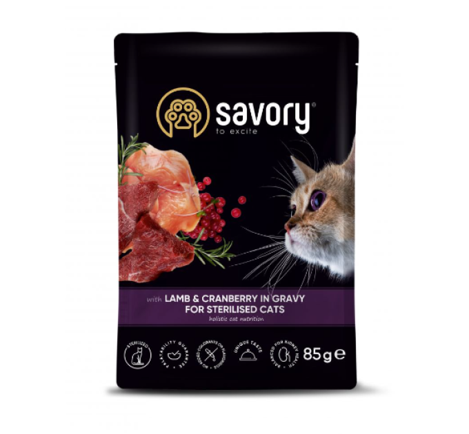 Пауч SAVORY для стерилізованих котів та кішок з ягням та журавлиною у соусі 85г. 20093