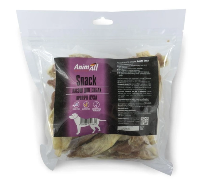 AnimAll Snack кролячі вуха з куркою для собак 500г. 99463 151736