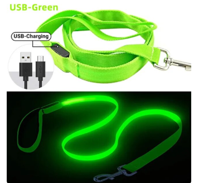 Сяючий світлодіодний повідець для собак, 3 режими освітлення, USB зарядка, 120х2,5см, Зелений