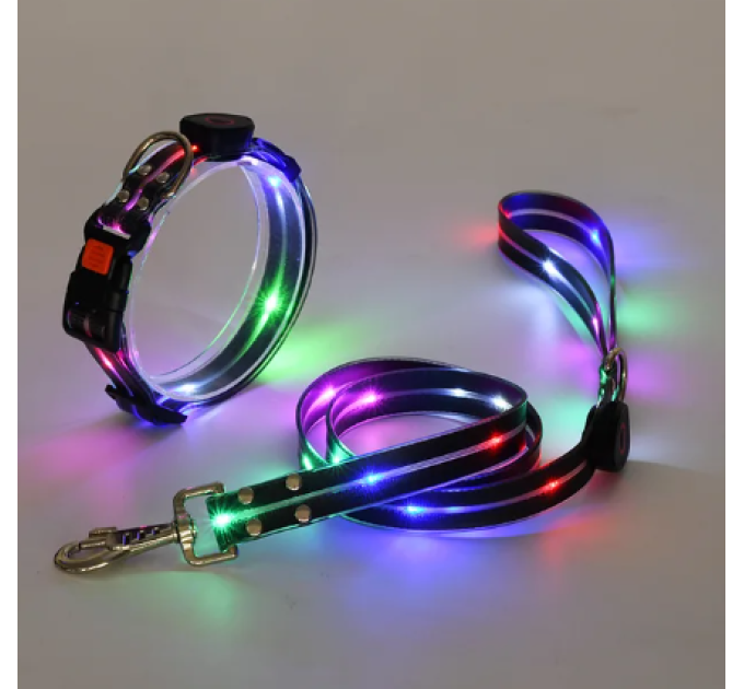 Комплект нашийник і повідець з LED  підсвічуванням для собак, USB зарядка, пластиковий фастекс, чорний