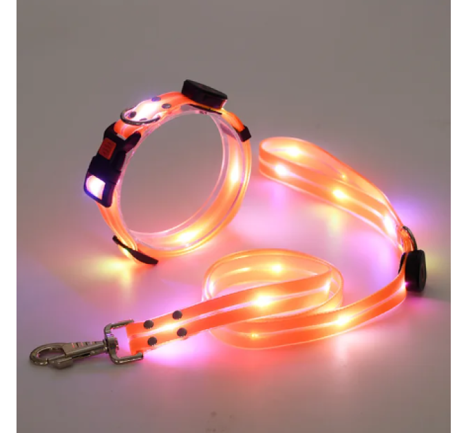 Комплект нашийник і повідець з LED підсвічуванням для собак, USB зарядка, пластиковий фастекс, помаранчевий