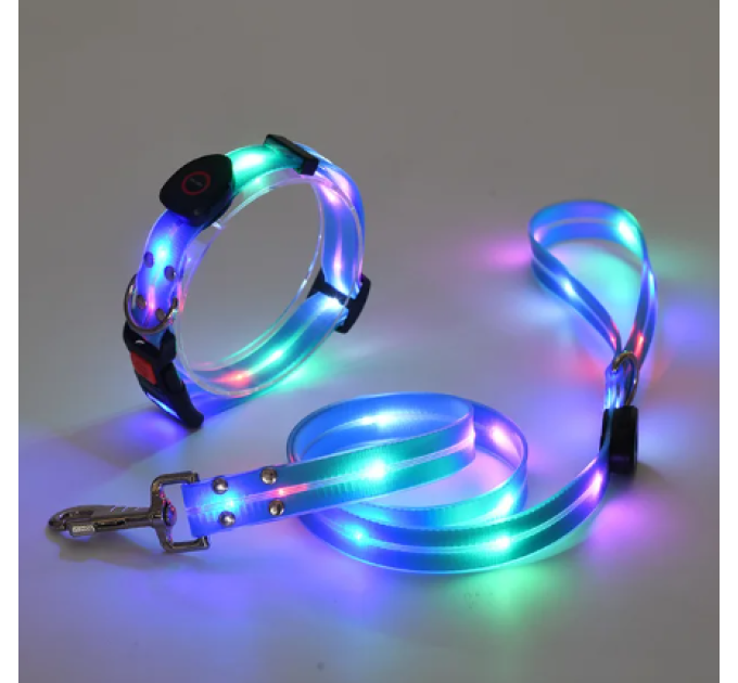 Комплект нашийник і повідець з LED підсвічуванням для собак, USB зарядка, пластиковий фастекс, блакитний