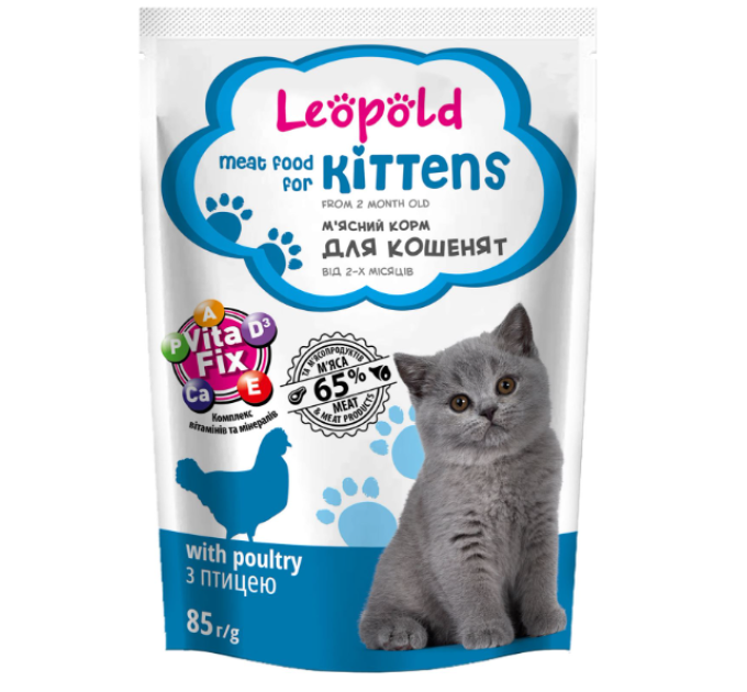 Леопольд М\'ясний корм для кошенят, птиця, пауч, 85г
