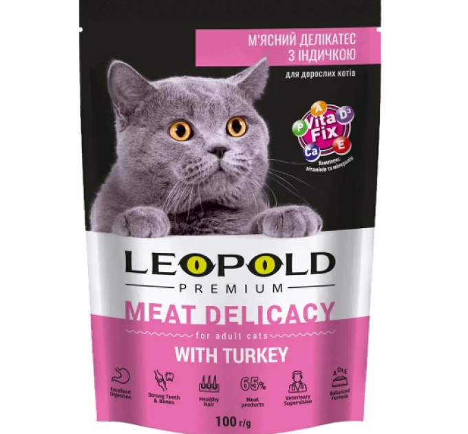 Леопольд Premium, м\'ясний делікатес для котів, індичка, пауч, 100г