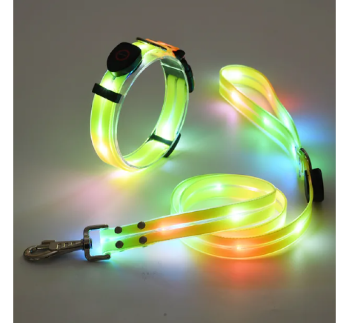 Комплект нашийник і повідець з LED підсвічуванням для собак,  USB зарядка, пластиковий фастекс,  жовтий