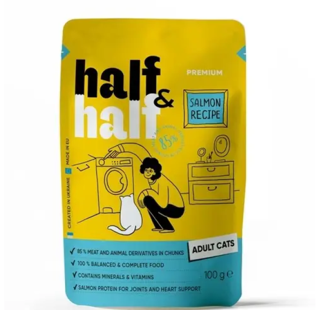 20901 Корм вологий Half&Half для дорослих котів шматочки з лососем у желе у формі пауча 100 гр.