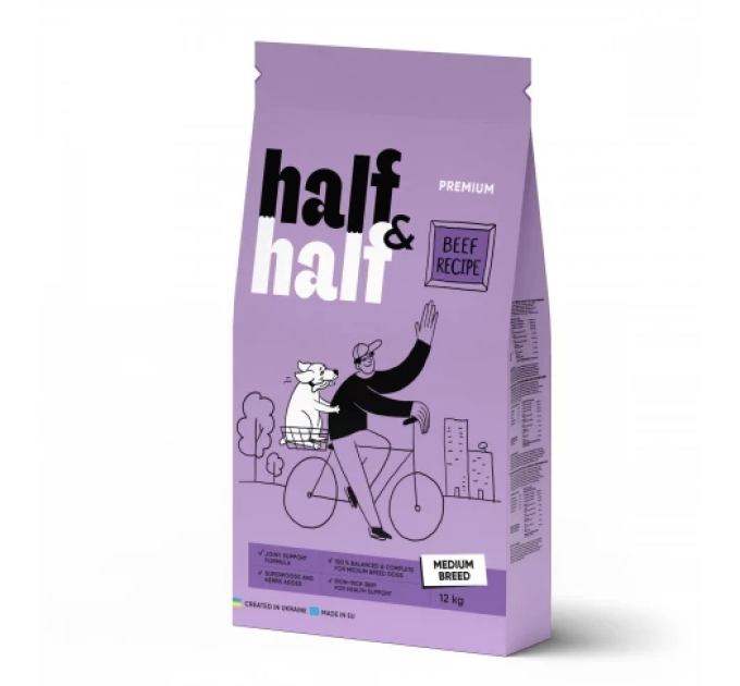 20758 Корм сухий Half&Half для дорослих собак середніх порід із яловичиною 12 кг