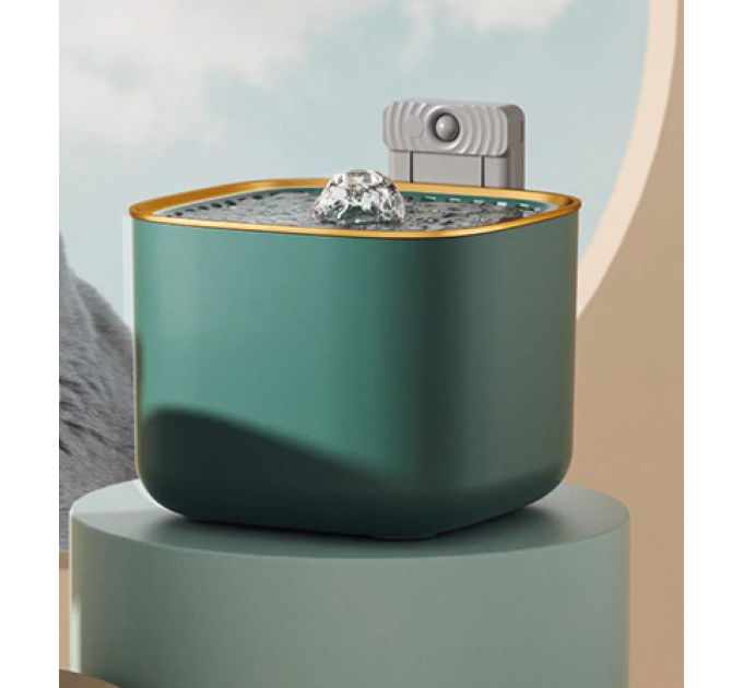 Автоматична поїлка-фонтан USB, pet water fountain 3L, квадратний, зелений з золотим, датчик руху