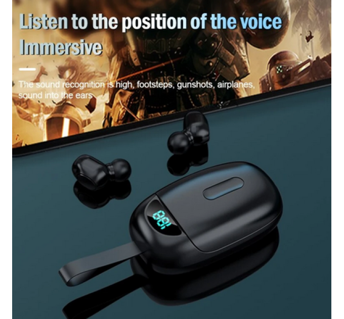 TWS Бездротові Bluetooth навушники, новий стиль, дісплей, шнурок, висока якість звучання, 7х4,4см, чорні