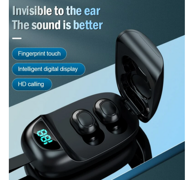 TWS Бездротові Bluetooth навушники, новий стиль, дісплей, шнурок, висока якість звучання, 7х4,4см, чорні