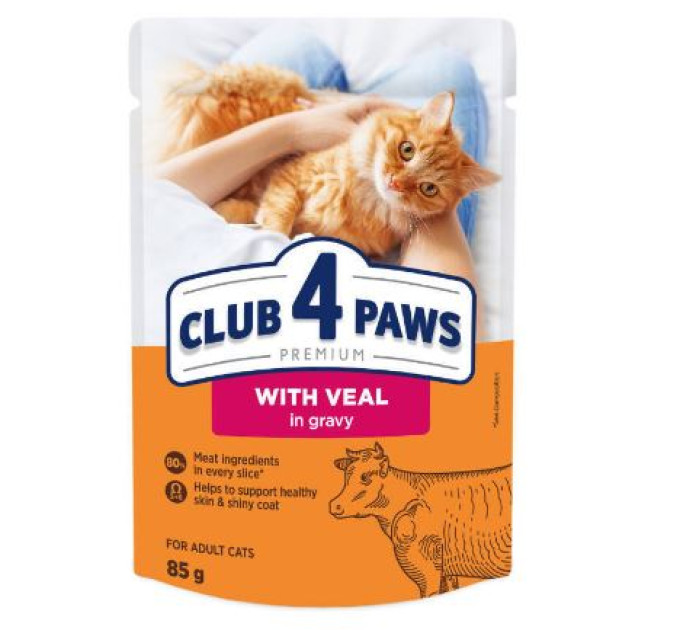 Консервований корм для дорослих котів упаковка Клуб 4 лапи CLUB 4 PAWS Преміум Плюс з телятиною в соусі  0,085 кгх24шт