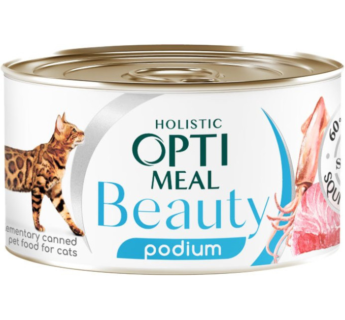 Корм Оптіміл OPTIMEAL. Б\'юті подіум. Додатковий консерв. корм для  котів "Смугастий тунець у соусі з кільцями кальмарів",70 г