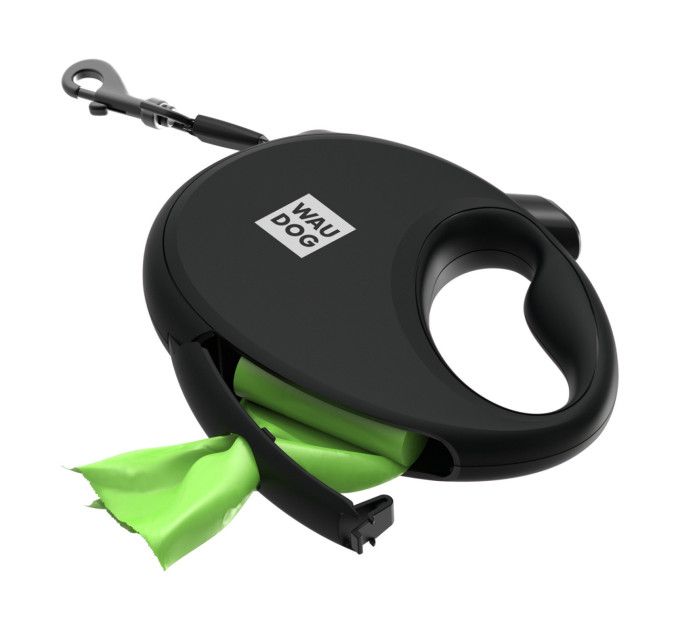 Повідець-рулетка для собак Waudog R-leash з контейнером для пакетів, світловідбивна стрічка, S, до 12 кг, 3м, чорний 26271