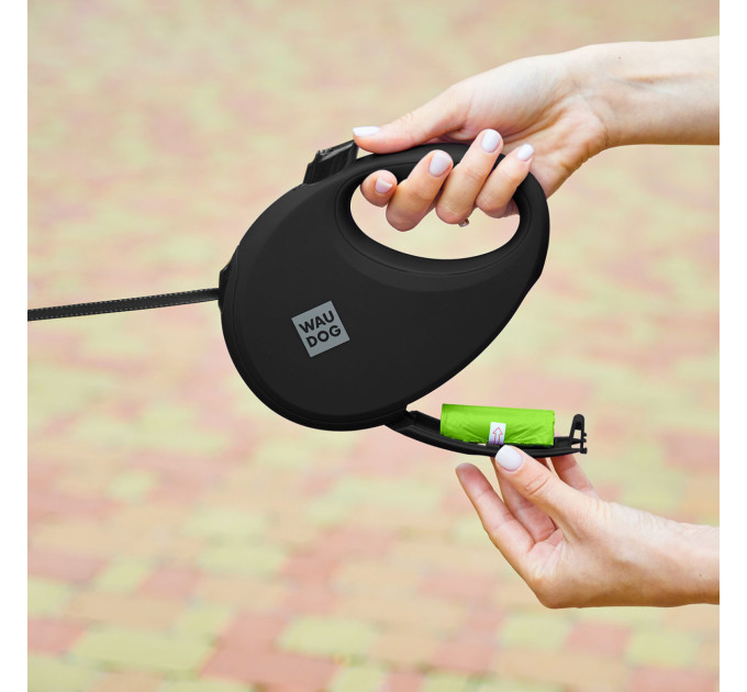 Повідець-рулетка для собак Waudog R-leash з контейнером для пакетів, світловідбивна стрічка, S, до 12 кг, 3м, чорний 26271