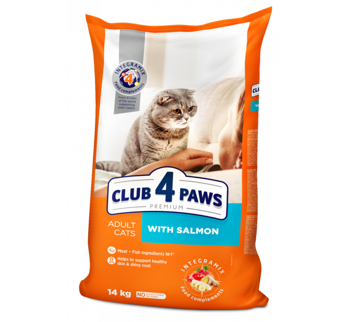 Клуб 4 лапи CLUB 4 PAWS Преміум "З Лососем". Повноцінний сухий корм для дорослих котів 14,0 кг