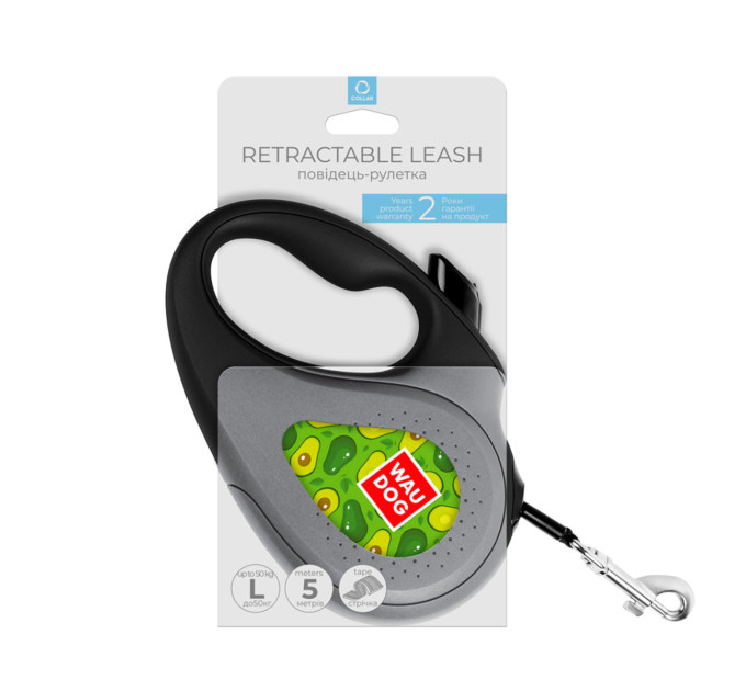 8126-0048-01 Повідець-рулетка для собак WAUDOG R-leash, малюнок "Авокадо", L, до 50 кг, 5 м,  світловідбиваюча стрічка, Чорний