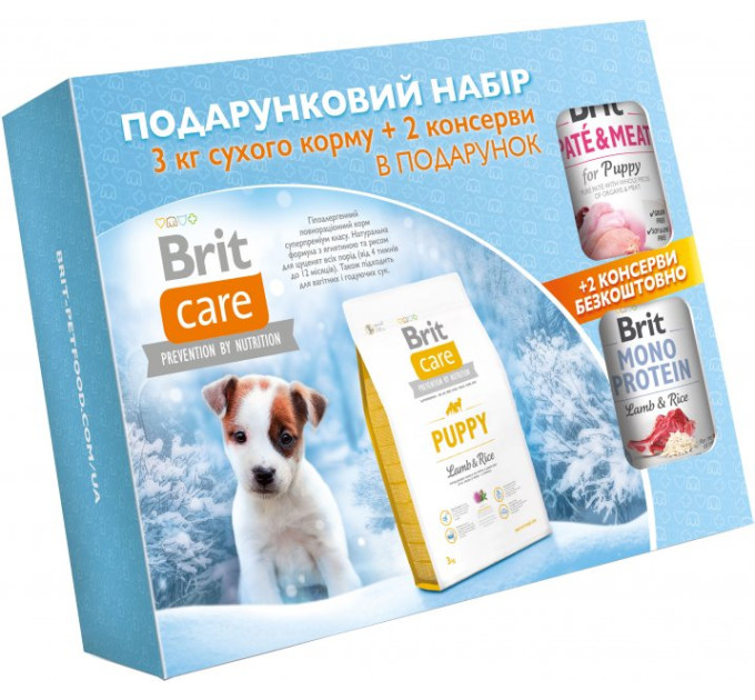 Подарунковий набір корм Brit Care для цуценят та молодих собак усіх порід з ягнятиною та рисом від 4 тиж.до12міс. 3кг+2 консерви 400г
