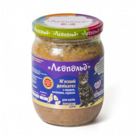 Леопольд м\'ясний делікатес для котів з серцем, печінкою та куркою, скло, 500г