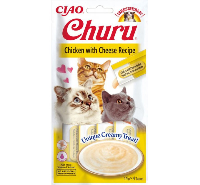 Ласощі INABA "Churu" для котів, вершковий мус в стіках, курка з сиром 4*14 гр. (EU107)