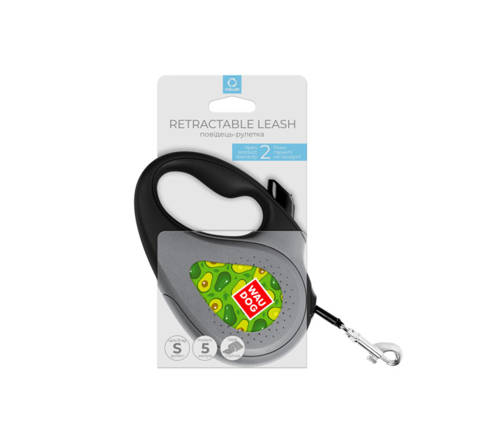 8124-0048-01 Повідець-рулетка для собак WAUDOG R-leash, малюнок "Авокадо", S, до 15 кг, 5 м, світловідбиваюча стрічка чорний
