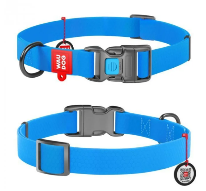 Нашийник WAUDOG Waterproof з QR паспортом, водостійкий, пластиковая пряжка-фастекс Ш. 20 мм, Дов 28-40 см. блакитний 27452