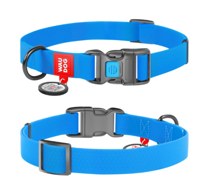 27722 Нашийник WAUDOG Waterproof з QR паспортом, водостійкий, пластиковая пряжка-фастекс Ш 25 мм. Д. 34-49 см.блакитний.