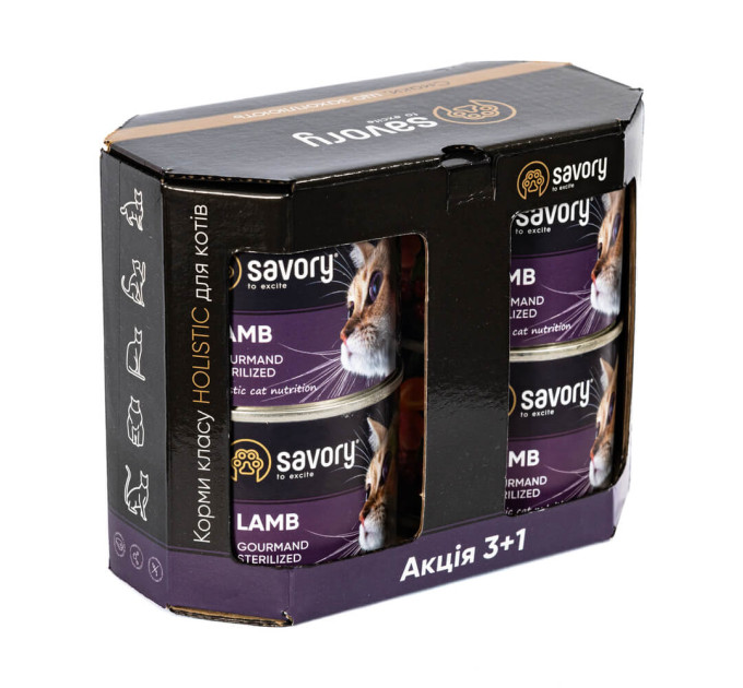 Набір консерв Savory 3+1 для котів Adult Sterilised ягня 200g