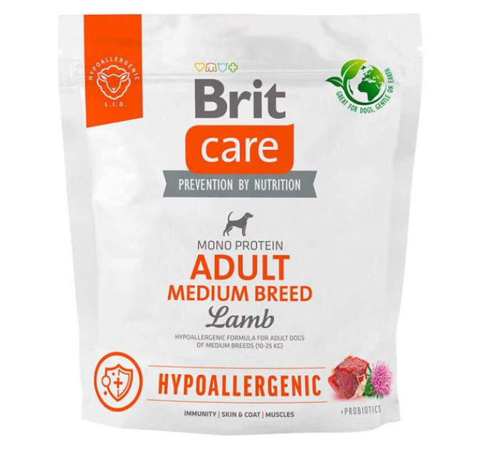 Корм для собак середніх порід Brit Care Dog Hypoallergenic Adult Medium Breed гіпоалергенний з ягням 1 кг