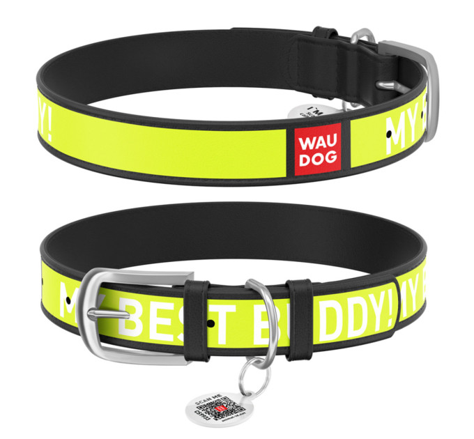 0015-0024-01 Нашийник WAUDOG Design з малюнком "Друг", преміум шкіра, металева пряжка (ширина 15 мм, довжина 27-36 см), чорний