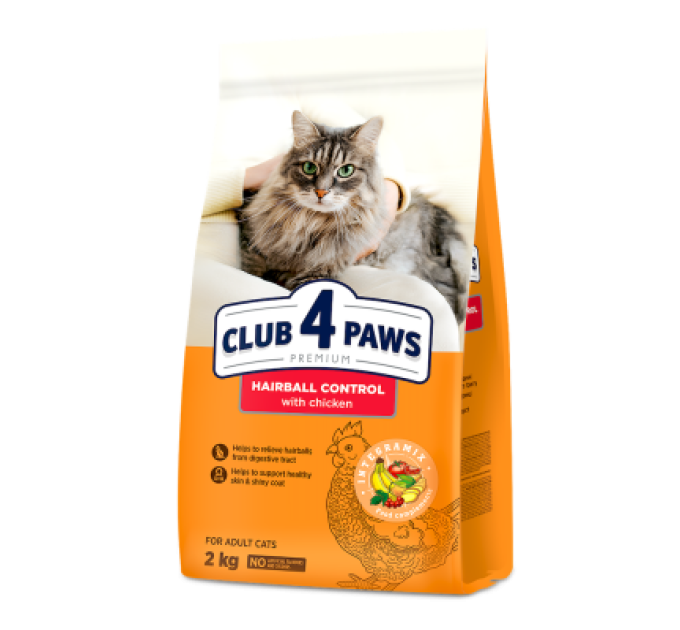Клуб 4 лапи CLUB 4 PAWS Преміум "З ефектом виведення шерсті з травного тракту". Повнораціонний сухий корм для дорослих котів 2,0 кг