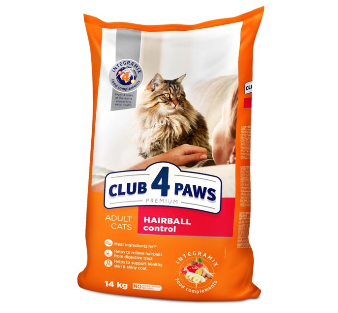 Клуб 4 лапи CLUB 4 PAWS Преміум "З ефектом виведення шерсті з травного тракту". Повнораціонний сухий корм для дорослих котів 14 кг.
