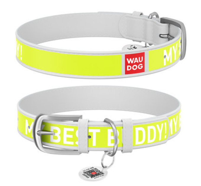 0020-0024-15 Нашийник WAUDOG Design з малюнком "Друг", преміум шкіра, металева пряжка (ширина 20 мм, довжина 30-39 см), білий