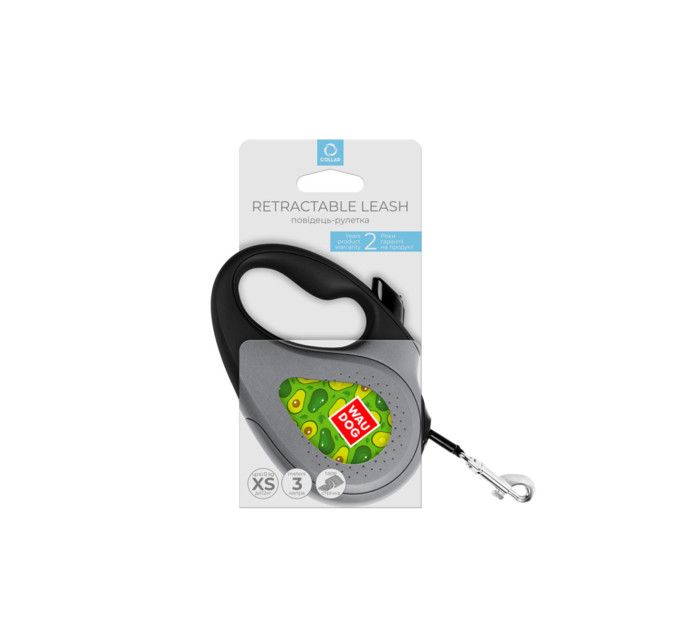 8123-0048-01 ПОВІДЕЦЬ-РУЛЕТКА ДЛЯ СОБАК WAUDOG R-LEASH, МАЛЮНОК "АВОКАДО", XS, ДО 12 КГ, 3 М, СВІТЛОВІДБИВАЮЧА СТРІЧКА, ЧОРНИЙ