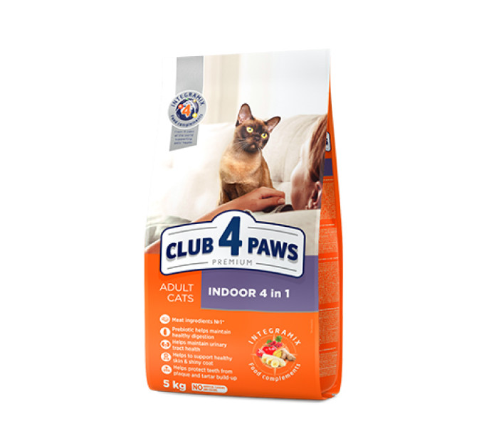 Клуб 4 лапи (Indor) CLUB 4 PAWS Преміум. Для котів, що живуть в приміщенні "4 в 1". Повнорац. сухий корм для дорослих котів 5,0 кг