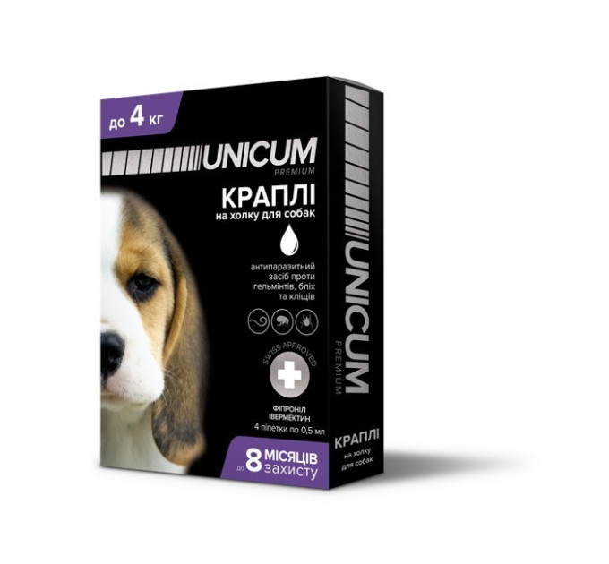 Краплі Unicum premium від гельмінтів, бліх та кліщів на холку для собак до 4 кг