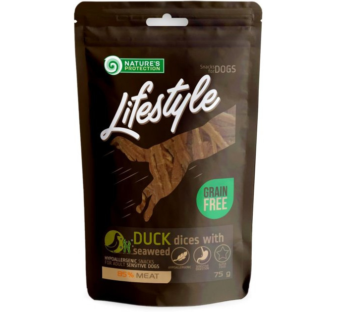 Ласощі для собак, скибочки качки з морською капустою, Nature\'s Protection Lifestyle snack for dogs soft duck dices with seaweed, 75г