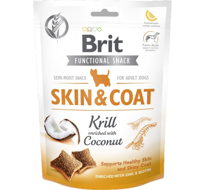 Корм Функциональные лакомства Бріт Brit Care Skin and Coat криль с кокосом д/собак, 150 г