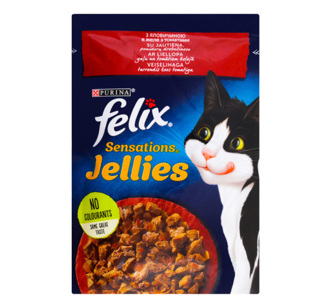 FELIX Sensations Jellies (Фелікс Сенсейшнз Джеліс). З яловичиною в желе з томатами. Конс/кот 26х85г