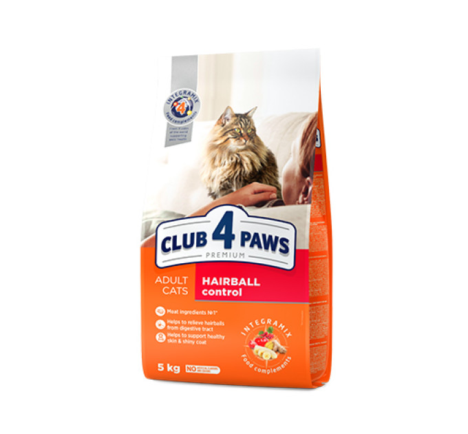 Клуб 4 лапи CLUB 4 PAWS Преміум "З ефектом виведення шерсті з травного тракту". Повнораціонний сухий корм для дорослих котів 5,0 кг
