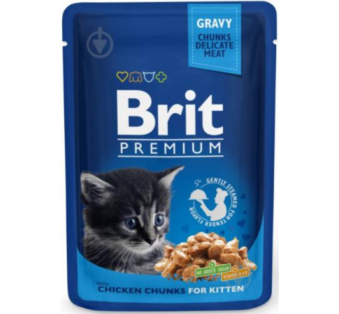 Вологий корм для кошенят Brit Premium Cat Chicken Chunks for Kitten pouch 100 г (шматочки курки)