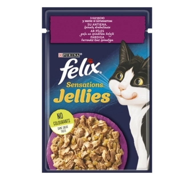 FELIX Sensations Jellies (Фелікс Сенсейшнз Джеліс). З качкою в желе зі шпинатом. Конс/кот 26х85г