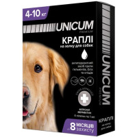Краплі Unicum premium від гельмінтів, бліх та кліщів на холку для собак вагою 4-10кг