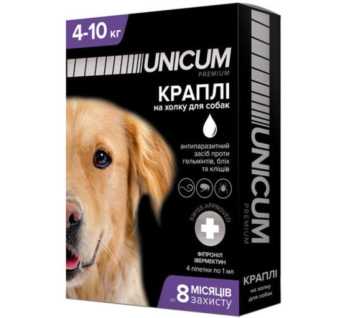 Краплі Unicum premium від гельмінтів, бліх та кліщів на холку для собак вагою 4-10кг