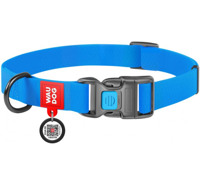 Нашийник для собак водостійкий WAUDOG Waterproof з QR паспортом, пластикова пряжка-фастекс, Ш 15мм, Дов 23-35см блакитний 27392