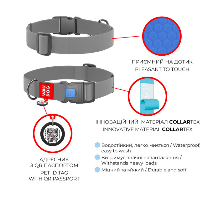 Нашийник для собак водостійкий WAUDOG Waterproof з QR паспортом, пластиковий фастекс, XXL, Ш 40 мм, Дов 46-70 см, блакитний 25112