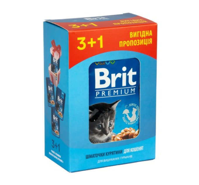 Набір паучів 3+1 Brit Premium для кошенят курка 4х100г